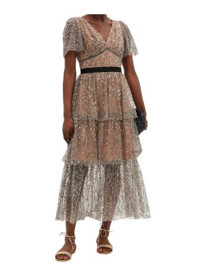 Self-Portrait Silver Sequined Tulle Midi Dress