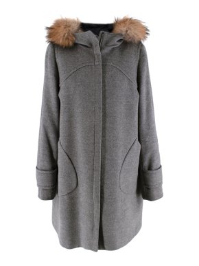 Sportmax Grey Wool Fur Trimmed Hooded Coat