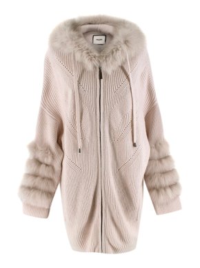 Max & Moi Beige Cashmere Blend Fur Trimmed Knit Hooded Cardigan