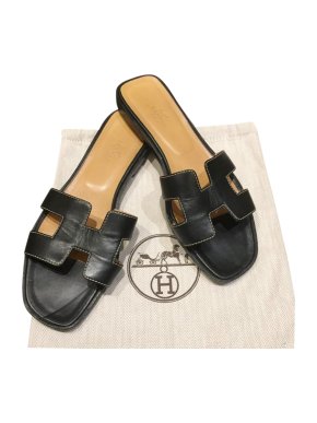 Hermes Black Swift Leather Oran Sandals
