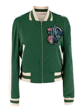 Maje Green Bacary Embroidered Satin Bomber Jacket
