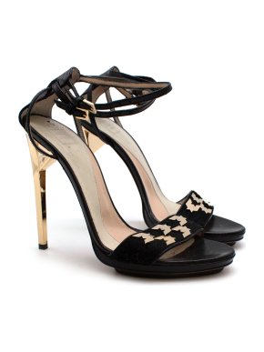 Herve Leger Black Leather Strappy Heeled Platform Sandals