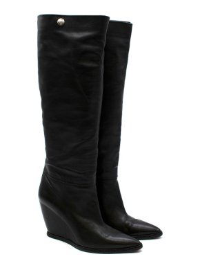Costume National Black Long Leather Wedge Boots
