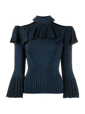 Self-Portrait Lurex Blue Frill Knit Top
