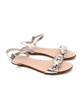 Miu Miu Silver Leather Strappy Crystal Flat Sandals