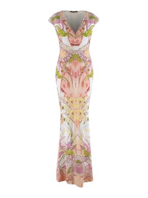 Roberto Cavalli Peach Cap Sleeve Floral Print Dress