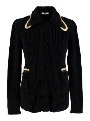 Prada Black Ribbed Knitted Cardigan with Gold Leather Trim