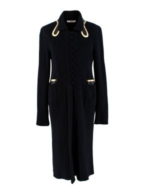 Prada Black Ribbed Knit Longline Cardigan with Gold Leather Trim