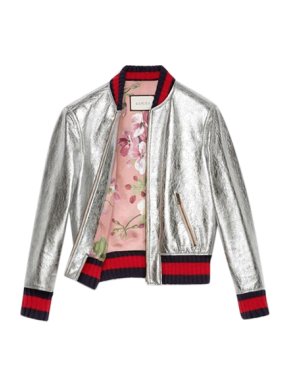Gucci Crackle Silver Leather Bomber Jacket