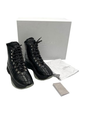 Jimmy Choo Croc Embossed Inca Shearling Lined Lace-Up Boots