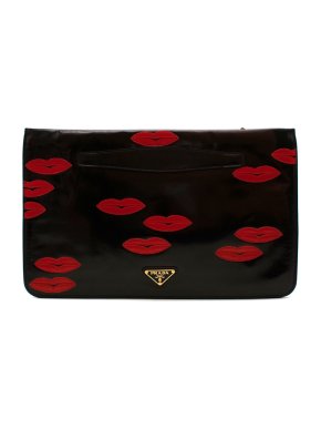 Prada Black Leather Lips Embroidered Pouch