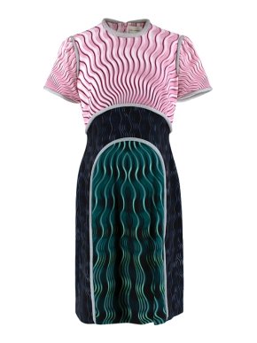 Mary Kantrantzou Pink Black & Green Wave Print Piped Dress