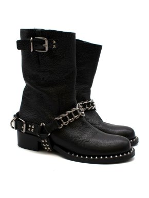 Miu Miu Black Leather Studded Chain Trim Boots