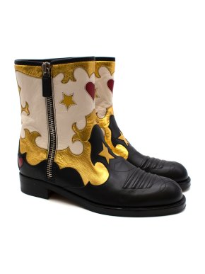 Gucci Black Gold & White Leather Western Boots