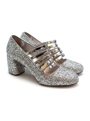 Miu Miu Silver Glitter Leather Strappy Pumps