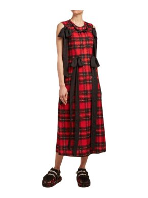 Simone Rocha Red Tartan Georgette Ribbon Detail Dress