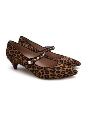 Miu Miu Leopard Print Pony Hair Kitten Heel Mary Janes
