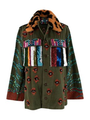 Libertine Green Embellished Army Jacket With Fur Collar