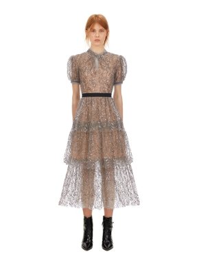 Self Portrait Leaf Sequin Tiered Midi Dress