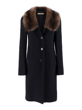 Prada Black Wool Overcoat With Fur Collar