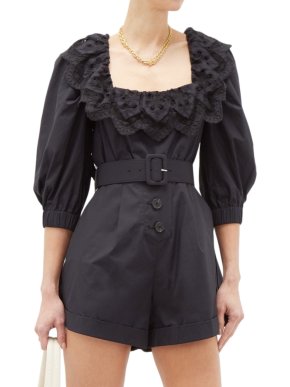 Self Portrait Ruffled Tie-back Belted Cotton Playsuit