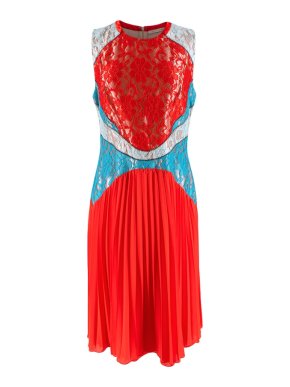Christopher Kane Red & Blue Lace Paneled Pleated Midi Dress