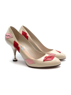 Prada Beige Lips Applique Kitten Pin Heel Pumps