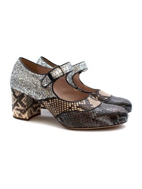 Miu Miu Grey Snakeskin & Glitter Mary Jane Pumps