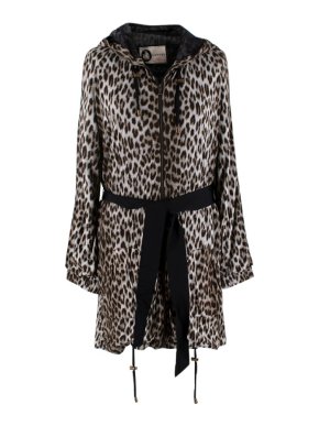Lanvin Grey Leopard Print Hooded Tie Belt Longline Jacket