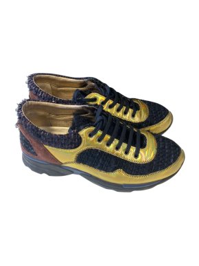 Chanel Black Tweed & Gold Leather CC Sneakers