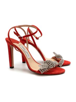 Jimmy Choo Thyra 100 Suede Pumps in Mandarin with Crystal Knot