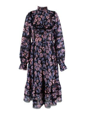Temperley Rose-bud Print Dress with Black Lace Trim