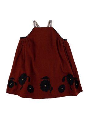 Caramel Ostrich Embroidered Baby Dress in Burnt Ochre