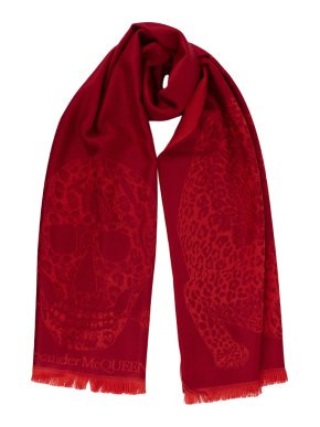 Alexander McQueen Red Wool Skull and Leopard Scarf