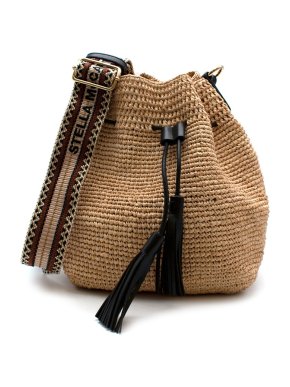 Stella McCartney Straw Bucket Bag in Light Sand with Embroidered Strap