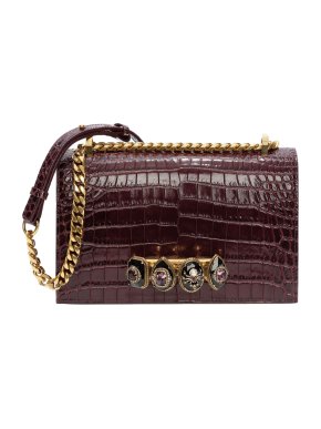 Alexander McQueen Burgundy Crocodile Embossed Crystal Knuckle Bag