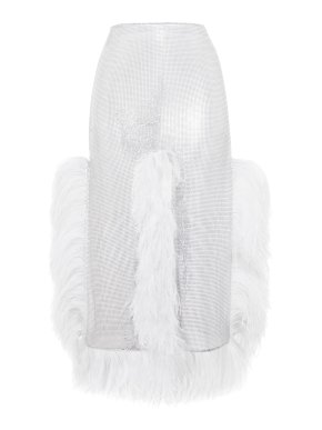 Christopher Kane Silver chainmail skirt white ostrich feather trims