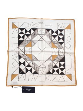 Drake's White Ocre & Black Silk Geometric Print Handkerchief