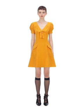 Self Portrait Short Sleeve Velvet Mustard Mini Dress
