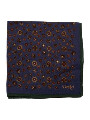 Drake's Blue Geometric Pattern Wool & Silk Handkerchief