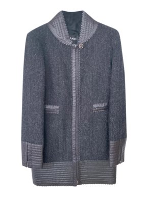 Chanel Leather Trimmed Herringbone Jacket/Coat