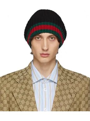 Gucci Black Web Stripe Wool & Silk Beanie