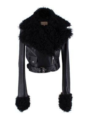 Christopher Kane Black Shearling Trimmed Leather Biker Jacket