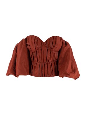 Self Portrait Rust Pleated Off-Shoulder Puff Sleeve Bustier Top