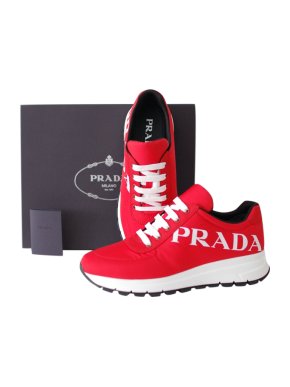 Prada Red & White Nylon Lace-Up Sneakers