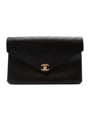 Chanel Black Leather Chevron Stitch CC Envelope Pouch