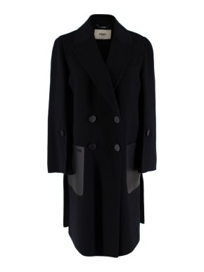 Fendi Black Wool Blend Buttoned Overcoat with leather pockets