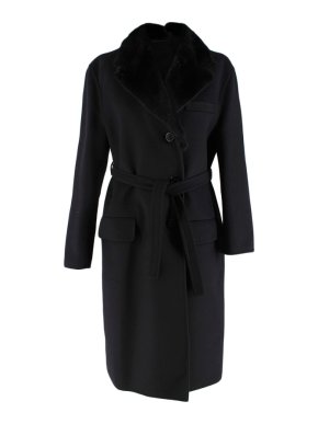 Prada Black Wool Cashmere & Angora Blend Mink Fur Collar Coat