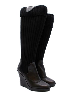 Gucci Black Leather & Knit Wedge Boots