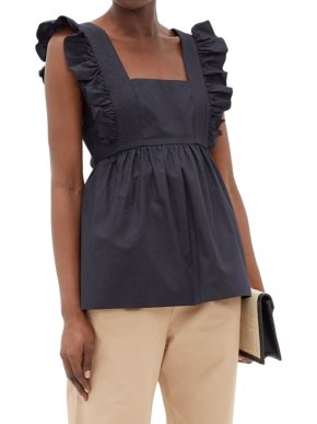 Self Portrait Black Cotton Ruffled Poplin Top